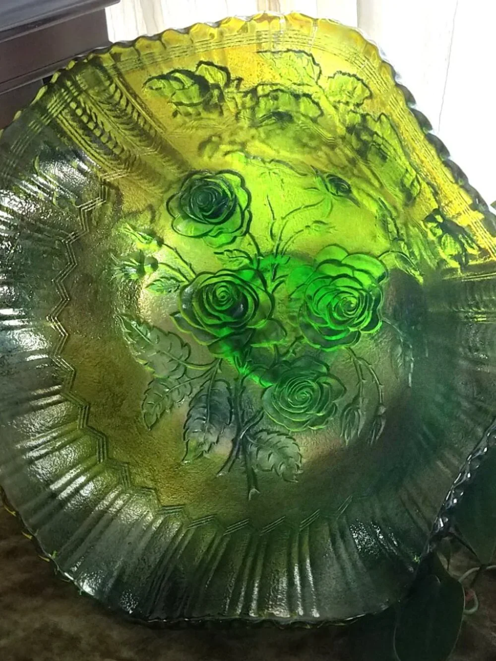 Antique Imperial Carnival Glass Lustre Rose Helios Green Iridescent 11